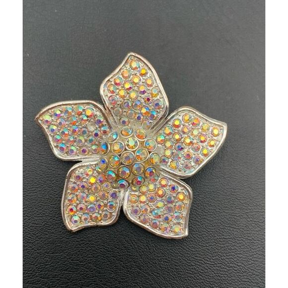 Silver Tone Iridescent Aurora Borealis AB Flower Brooch - Picture 1 of 4